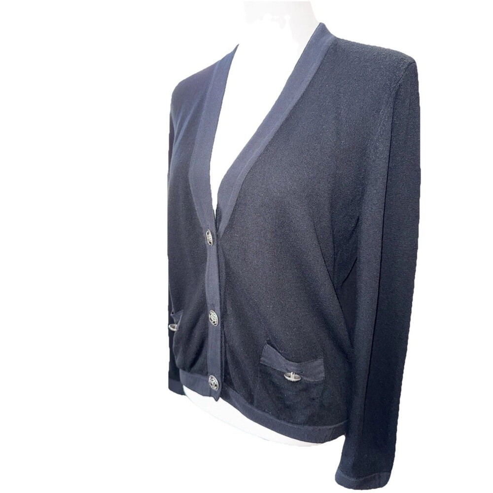 The Kooples Black Merino Wool & Cashmere Cardigan • Ornate Silver Buttons Sz M